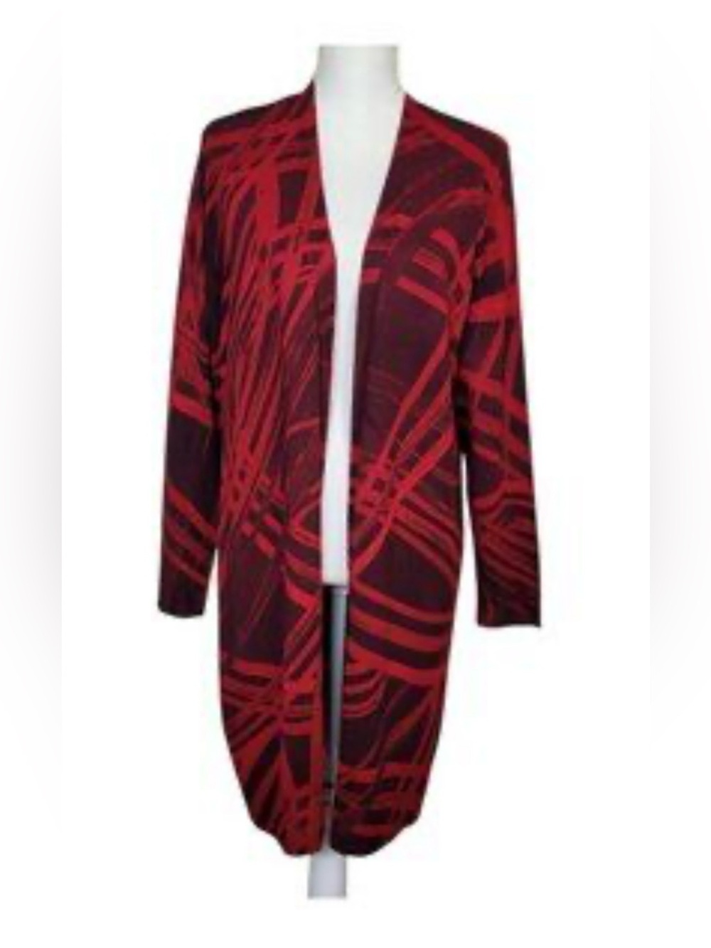 Women's Open Front Red Patterned Cardigan Sweater
